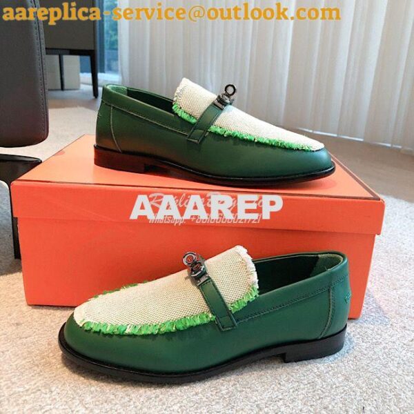 Replica Hermes Destin Loafer Calfskin and Fringed Canvas H231065Z Vert 5