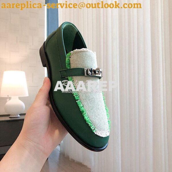 Replica Hermes Destin Loafer Calfskin and Fringed Canvas H231065Z Vert 6