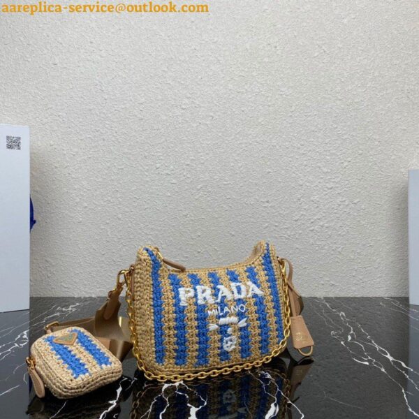 Replica Prada Re-Edition 2005 Bag In Beige and Blue Stripe Raffia 6