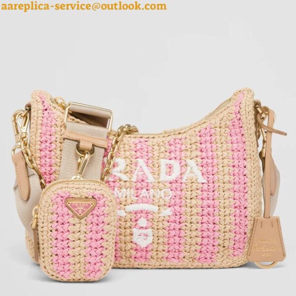 Replica Prada Re-Edition 2005 Bag In Beige and Pink Stripe Raffia 3