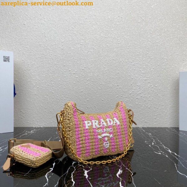 Replica Prada Re-Edition 2005 Bag In Beige and Pink Stripe Raffia 5