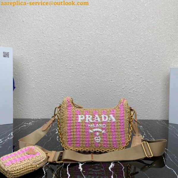 Replica Prada Re-Edition 2005 Bag In Beige and Pink Stripe Raffia 8