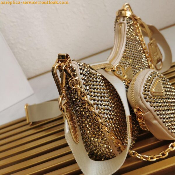 Replica Prada Re-Edition 2005 Bag In Gold Satin with Crystal 9