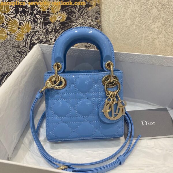 Replica Dior Lady Dior Micro Bag In Blue Patent Cannage Calfskin 8