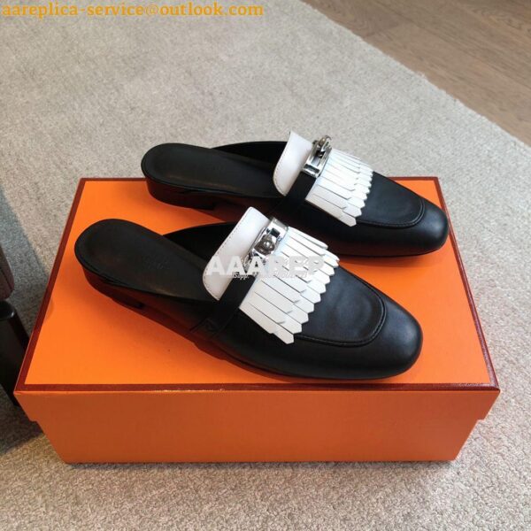 Replica Hermes OZ Mule in fringed calfskin H241068Z Black / Blanc 4