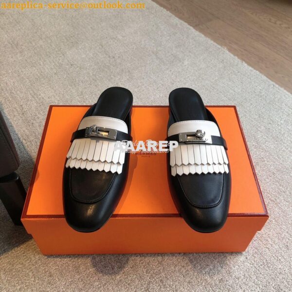 Replica Hermes OZ Mule in fringed calfskin H241068Z Black / Blanc 5