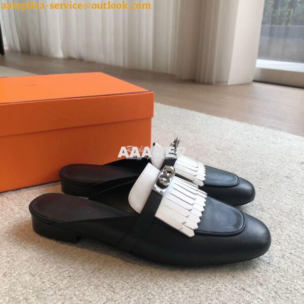 Replica Hermes OZ Mule in fringed calfskin H241068Z Black / Blanc 6