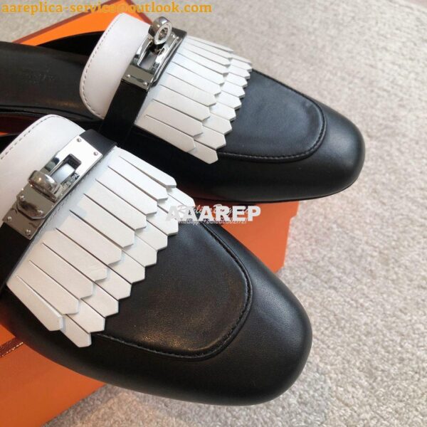 Replica Hermes OZ Mule in fringed calfskin H241068Z Black / Blanc 10