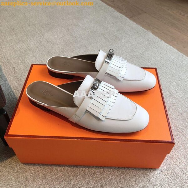 Replica Hermes OZ Mule in fringed calfskin H241068Z Blanc 3