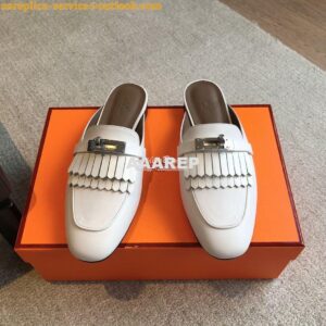 Replica Hermes OZ Mule in fringed calfskin H241068Z Blanc 2