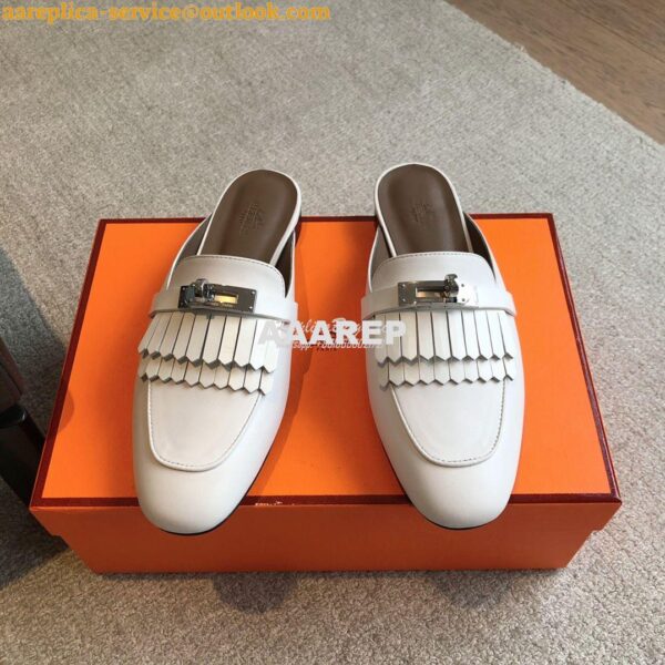 Replica Hermes OZ Mule in fringed calfskin H241068Z Blanc 4