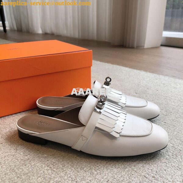 Replica Hermes OZ Mule in fringed calfskin H241068Z Blanc 5