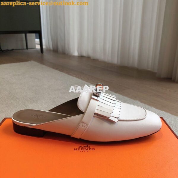 Replica Hermes OZ Mule in fringed calfskin H241068Z Blanc 7