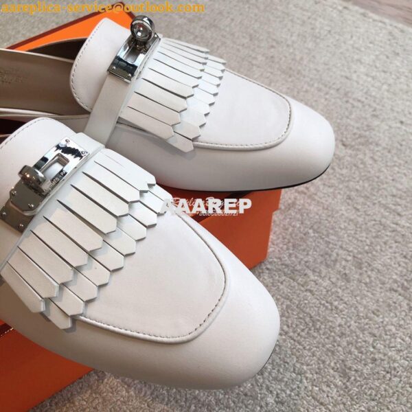 Replica Hermes OZ Mule in fringed calfskin H241068Z Blanc 8