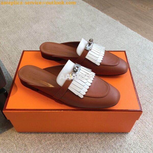 Replica Hermes OZ Mule in fringed calfskin H241068Z Gold / Blanc 3