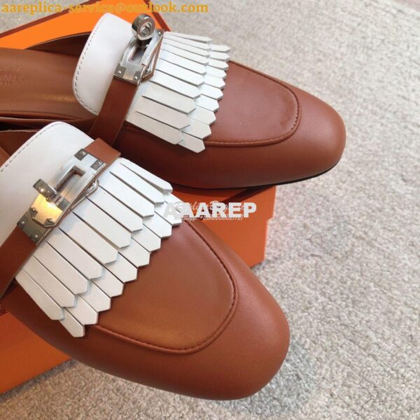 Replica Hermes OZ Mule in fringed calfskin H241068Z Gold / Blanc 9