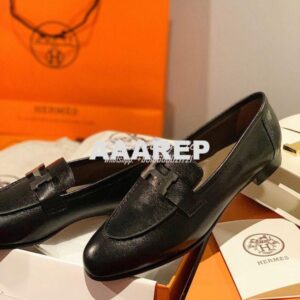 Replica Hermes Paris Loafer in Goatskin H182182 Noir w Hazelnut Goatsk 2