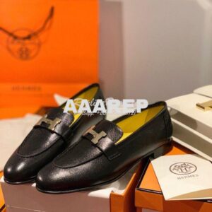 Replica Hermes Paris Loafer in Goatskin H182182 Noir w Yellow Goatskin