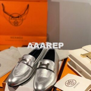 Replica Hermes Paris Loafer in Metallic Goatskin H182182 Gris Argenté