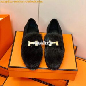 Replica Hermes Paris Loafer Suede Goatskin and Mink H202091 Black 2