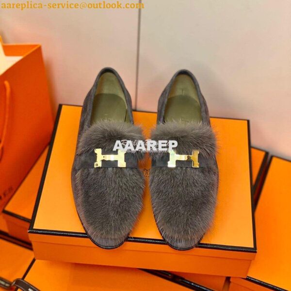 Replica Hermes Paris Loafer Suede Goatskin and Mink H202091 Grey 3