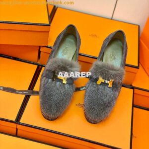 Replica Hermes Paris Loafer Suede Goatskin and Mink H202091 Grey 2