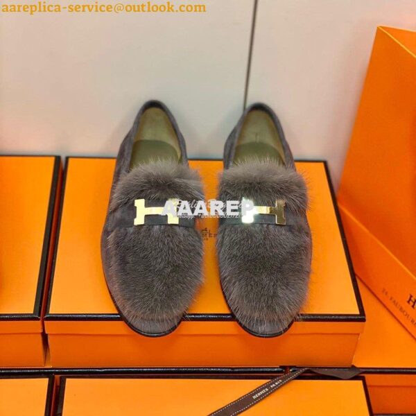 Replica Hermes Paris Loafer Suede Goatskin and Mink H202091 Grey 5