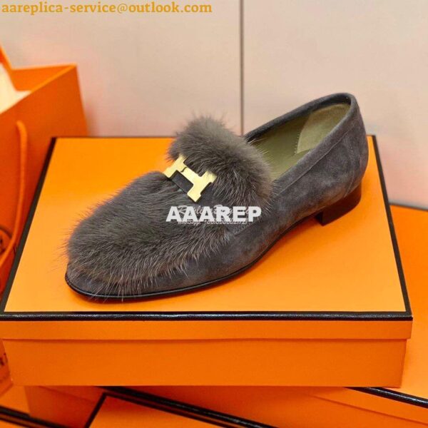 Replica Hermes Paris Loafer Suede Goatskin and Mink H202091 Grey 6