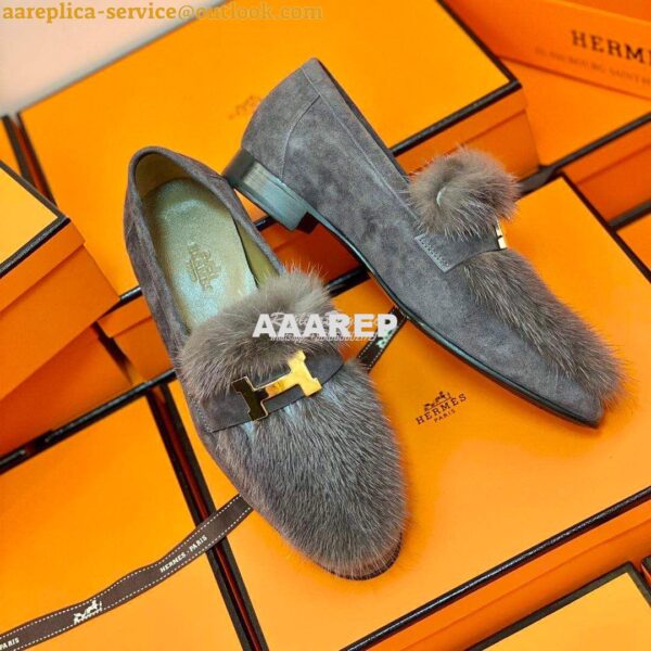 Replica Hermes Paris Loafer Suede Goatskin and Mink H202091 Grey 11