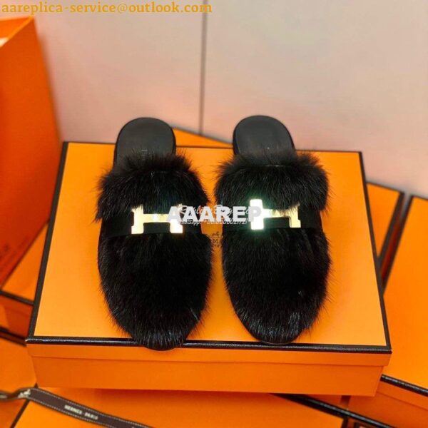 Replica Hermes Paris Mule Suede Goatskin and Mink H202092 Black 4