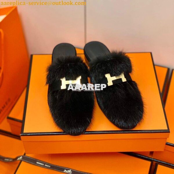 Replica Hermes Paris Mule Suede Goatskin and Mink H202092 Black 5