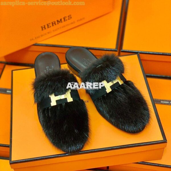 Replica Hermes Paris Mule Suede Goatskin and Mink H202092 Black 6