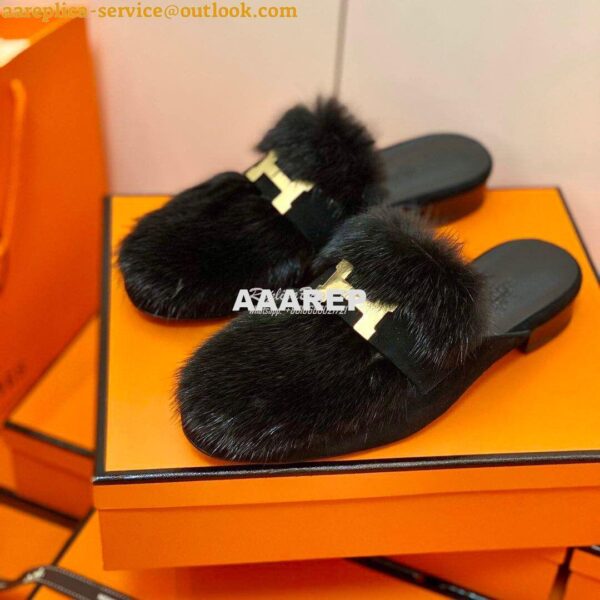 Replica Hermes Paris Mule Suede Goatskin and Mink H202092 Black 7