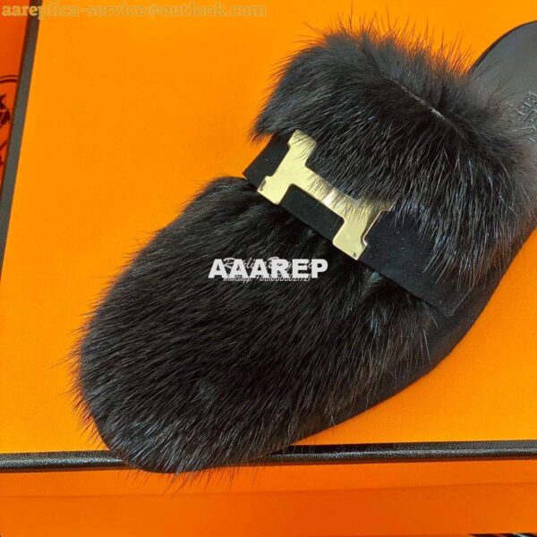 Replica Hermes Paris Mule Suede Goatskin and Mink H202092 Black 8