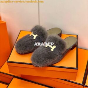 Replica Hermes Paris Mule Suede Goatskin and Mink H202092 Grey 2