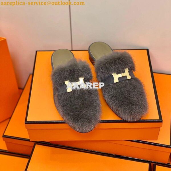 Replica Hermes Paris Mule Suede Goatskin and Mink H202092 Grey 6