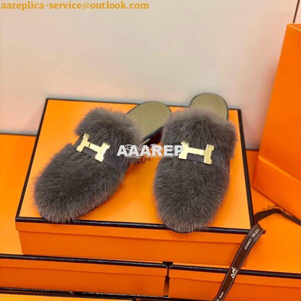 Replica Hermes Paris Mule Suede Goatskin and Mink H202092 Grey 7