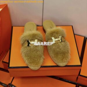 Replica Hermes Paris Mule Suede Goatskin and Mink H202092 Light Brown