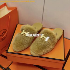 Replica Hermes Paris Mule Suede Goatskin and Mink H202092 Light Brown 2