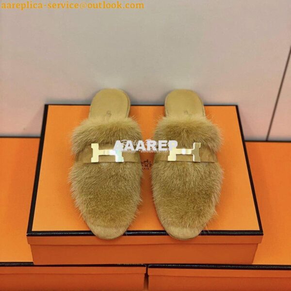 Replica Hermes Paris Mule Suede Goatskin and Mink H202092 Light Brown 5