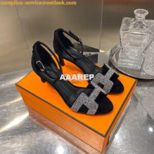 Replica Hermes Premiere 70 Sandals Suede Goatskin With Crystal Black H 2