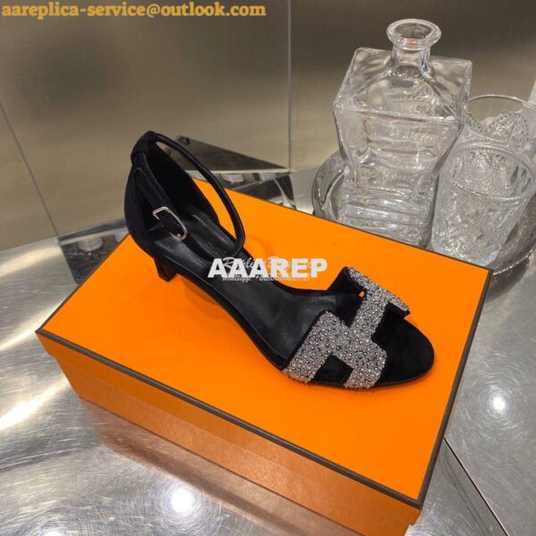 Replica Hermes Premiere 70 Sandals Suede Goatskin With Crystal Black H 5