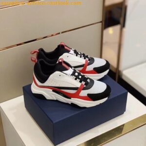 Replica Dior Men's B22 Sneakers In Red Leather and White Mesh