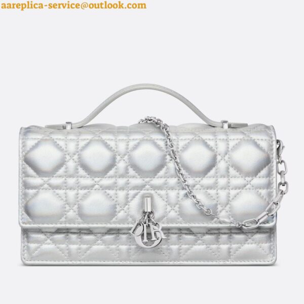 Replica Dior Miss Dior Mini Bag In Iridescent Metallic Silver Lambskin 3