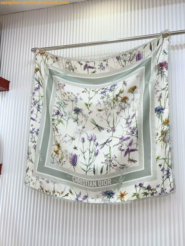 Replica Dior Herbarium 90 Square Scarf in Green and White Silk Twill 8