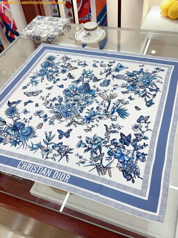 Replica Dior Toile de Jouy Mexico 90 Square Scarf in Blue and White Silk 10