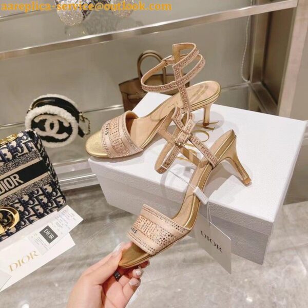 Replica Dior Dway Heeled Sandals In Gold Cotton with Strass 9