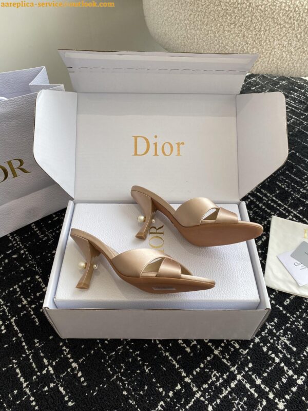 Replica Dior Tribales Heeled Slide Sandals in Nude Satin 7