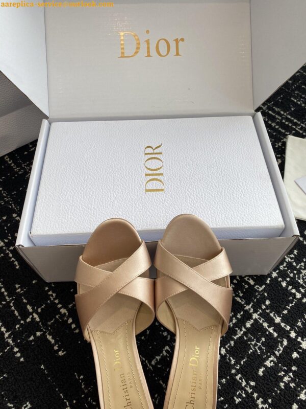 Replica Dior Tribales Heeled Slide Sandals in Nude Satin 9