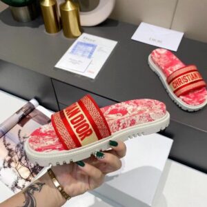 Replica Dior Dway Slides In Red Toile de Jouy Flowers Embroidered Cotton